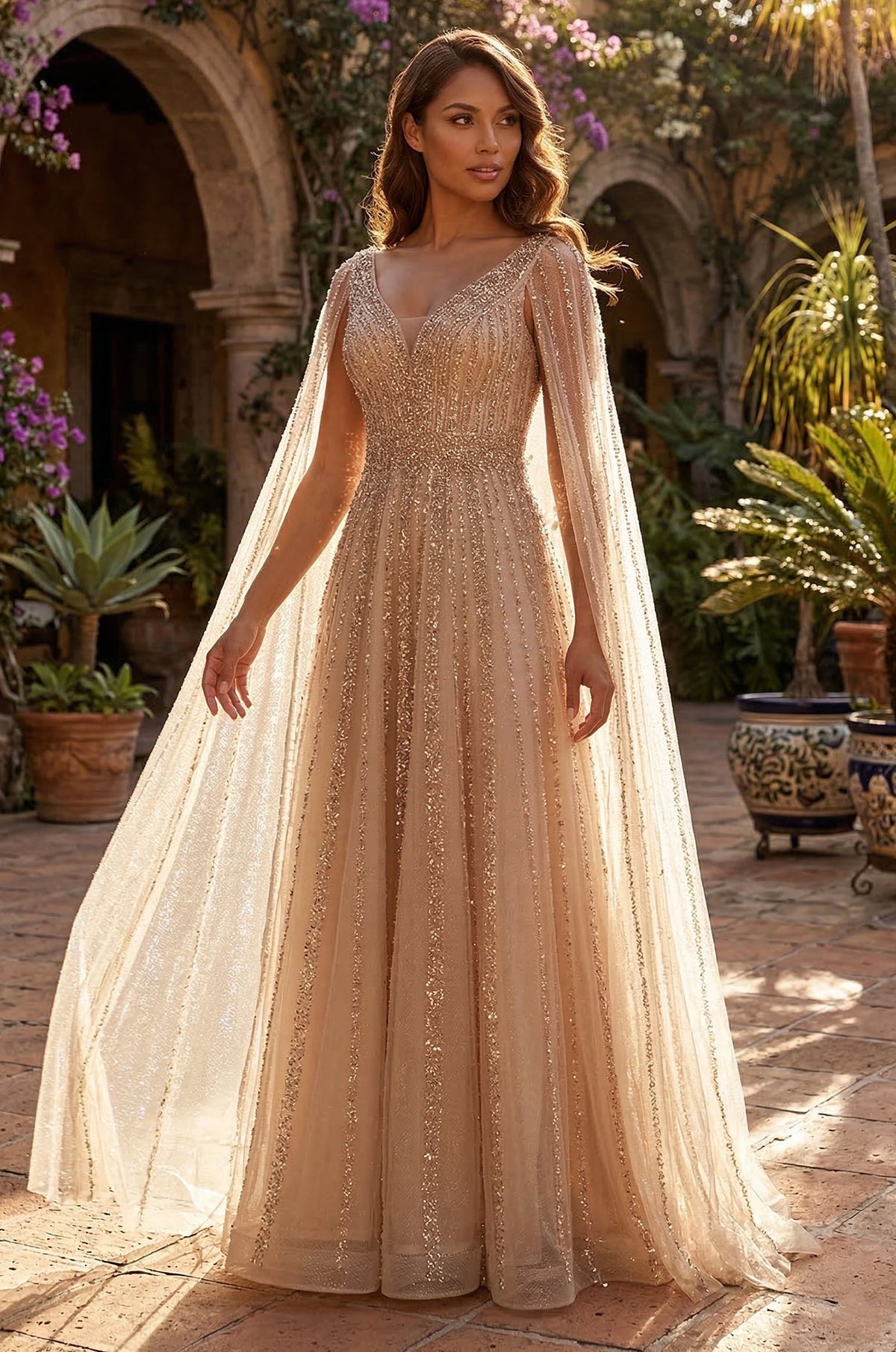 Cape Sleeve Heavy Beaded Couture Formal Dress