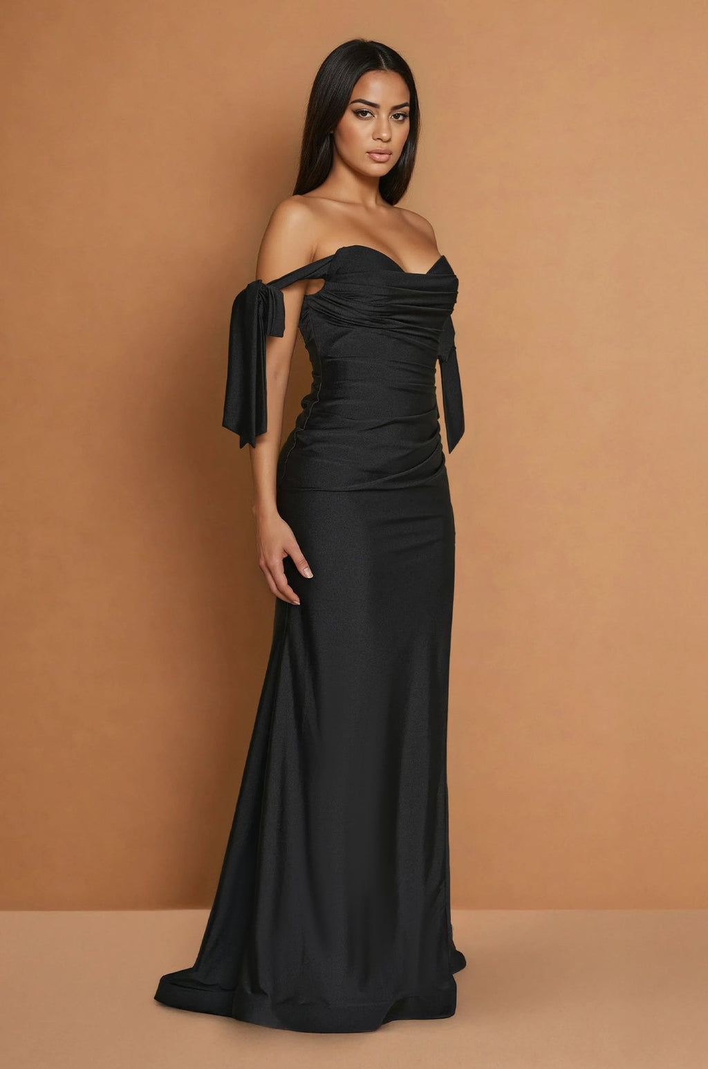 Floor Length Formal Bow Sleeve Stretch Jersey Dress