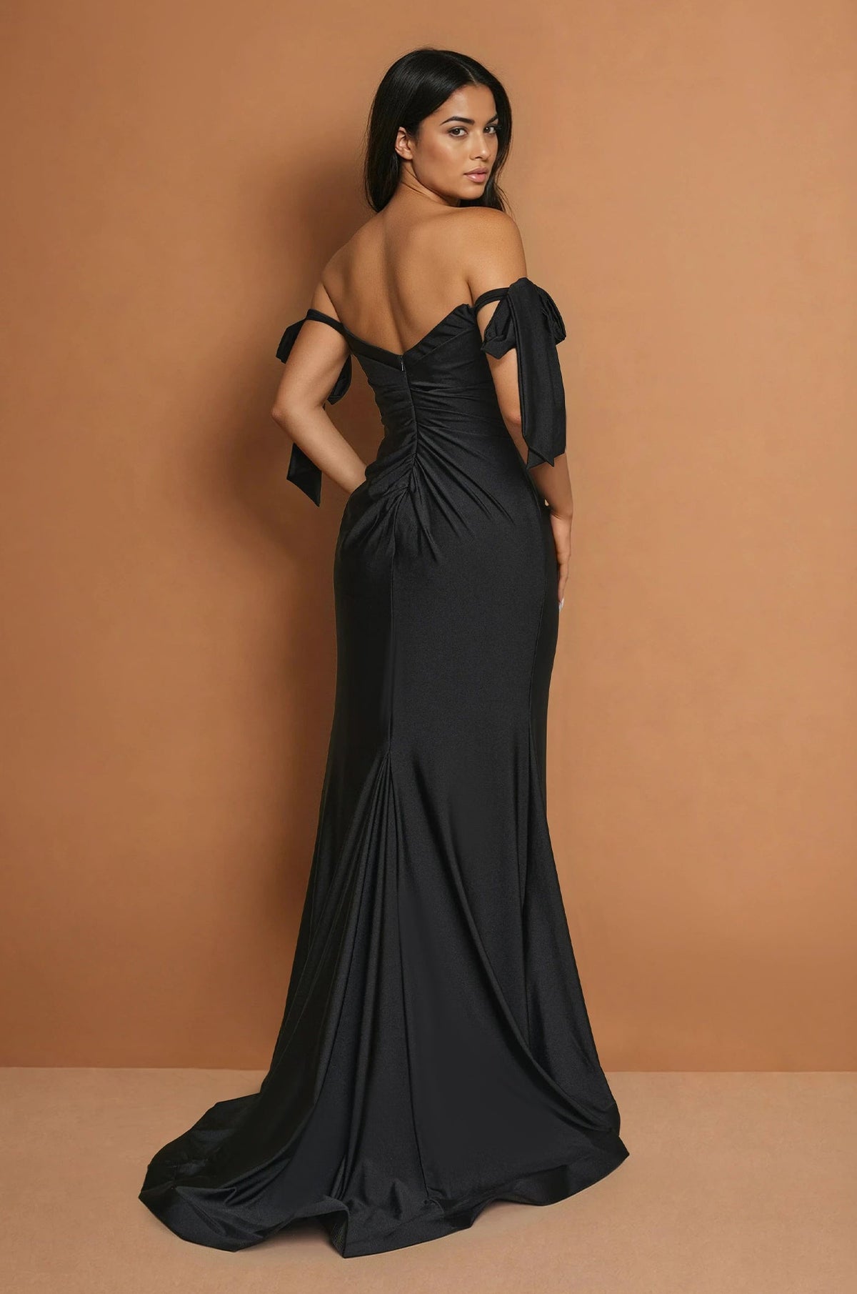 Floor Length Formal Bow Sleeve Stretch Jersey Dress