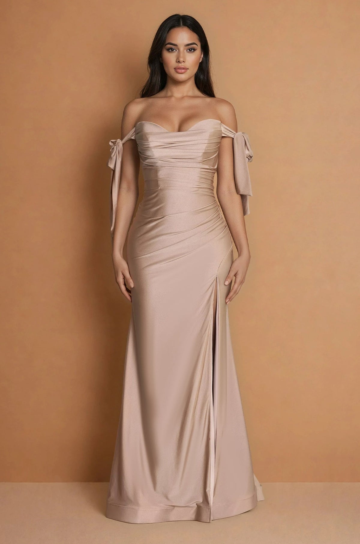 Floor Length Formal Bow Sleeve Stretch Jersey Dress