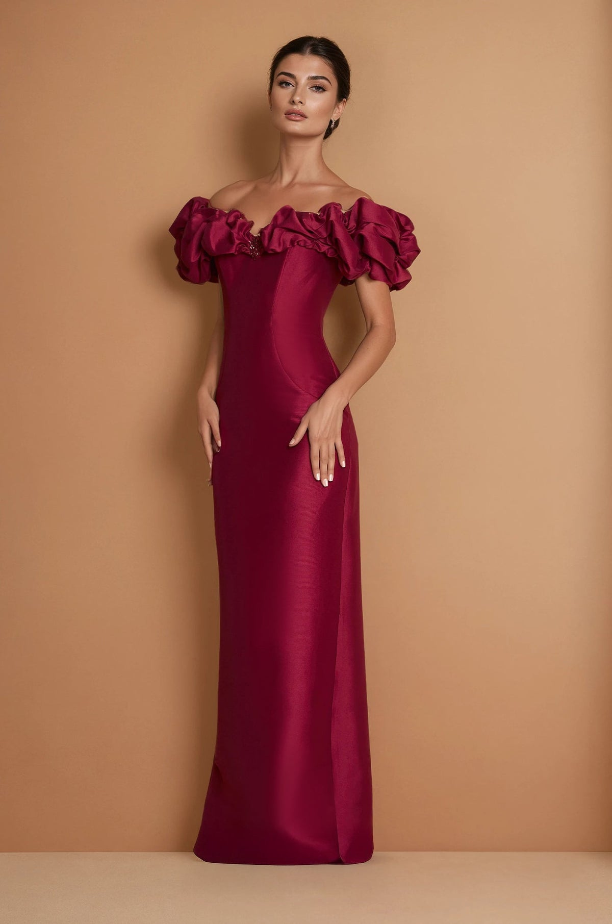 Tiered Sleeve Long Formal Evening Dress