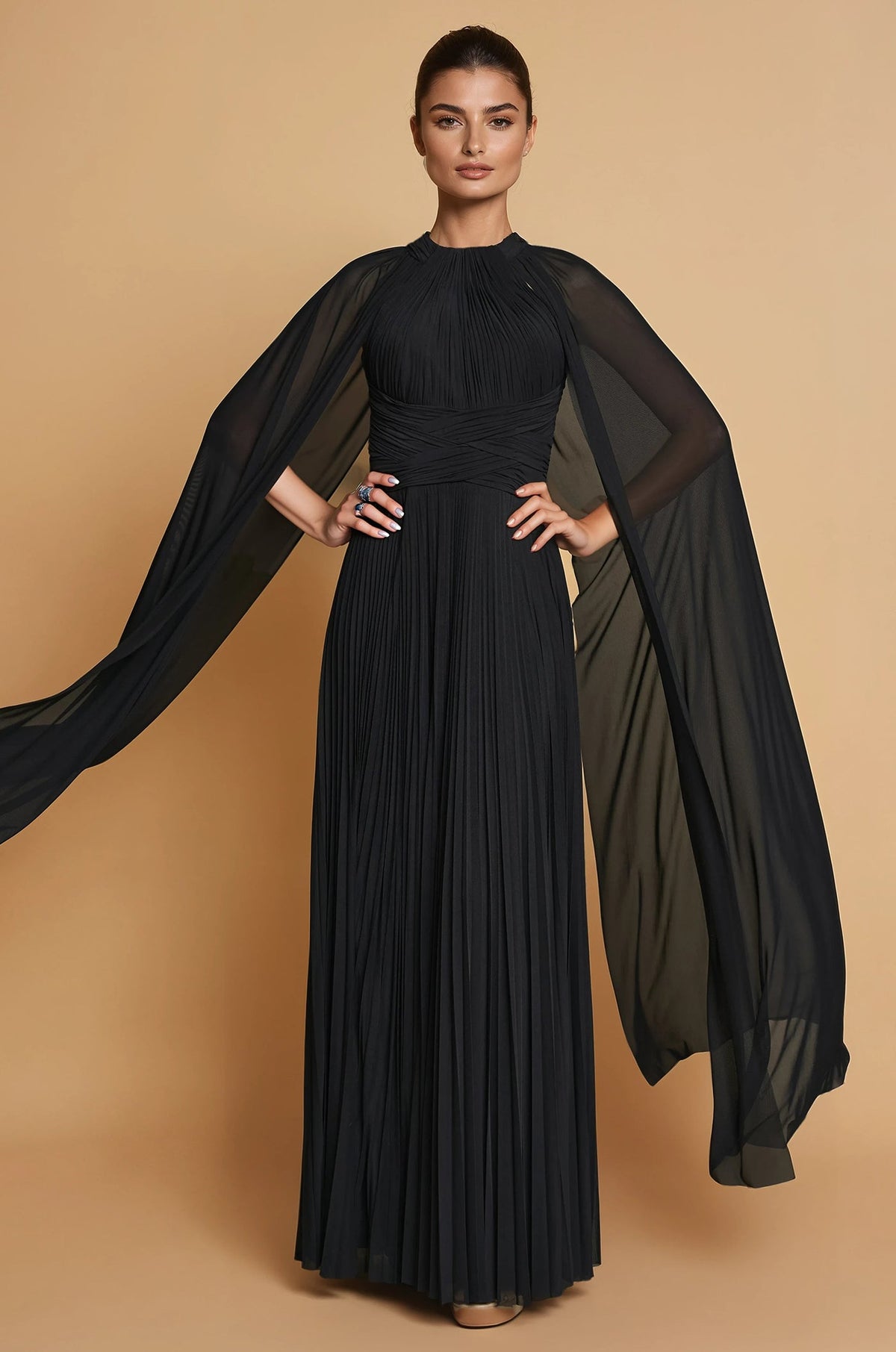 Draped A Line Long Formal High Neck Cape Sleeve Dress