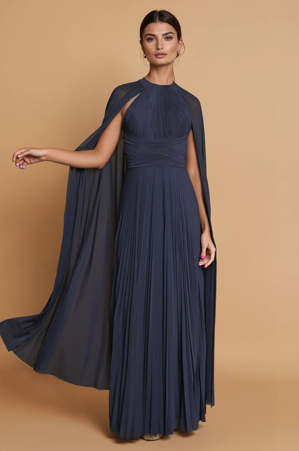 Draped A Line Long Formal High Neck Cape Sleeve Dress
