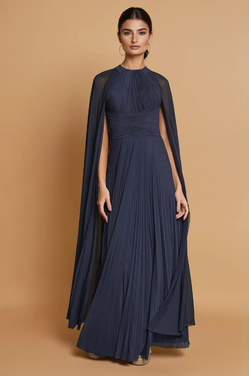 Draped A Line Long Formal High Neck Cape Sleeve Dress