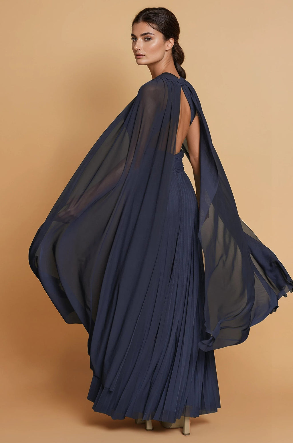 Draped A Line Long Formal High Neck Cape Sleeve Dress