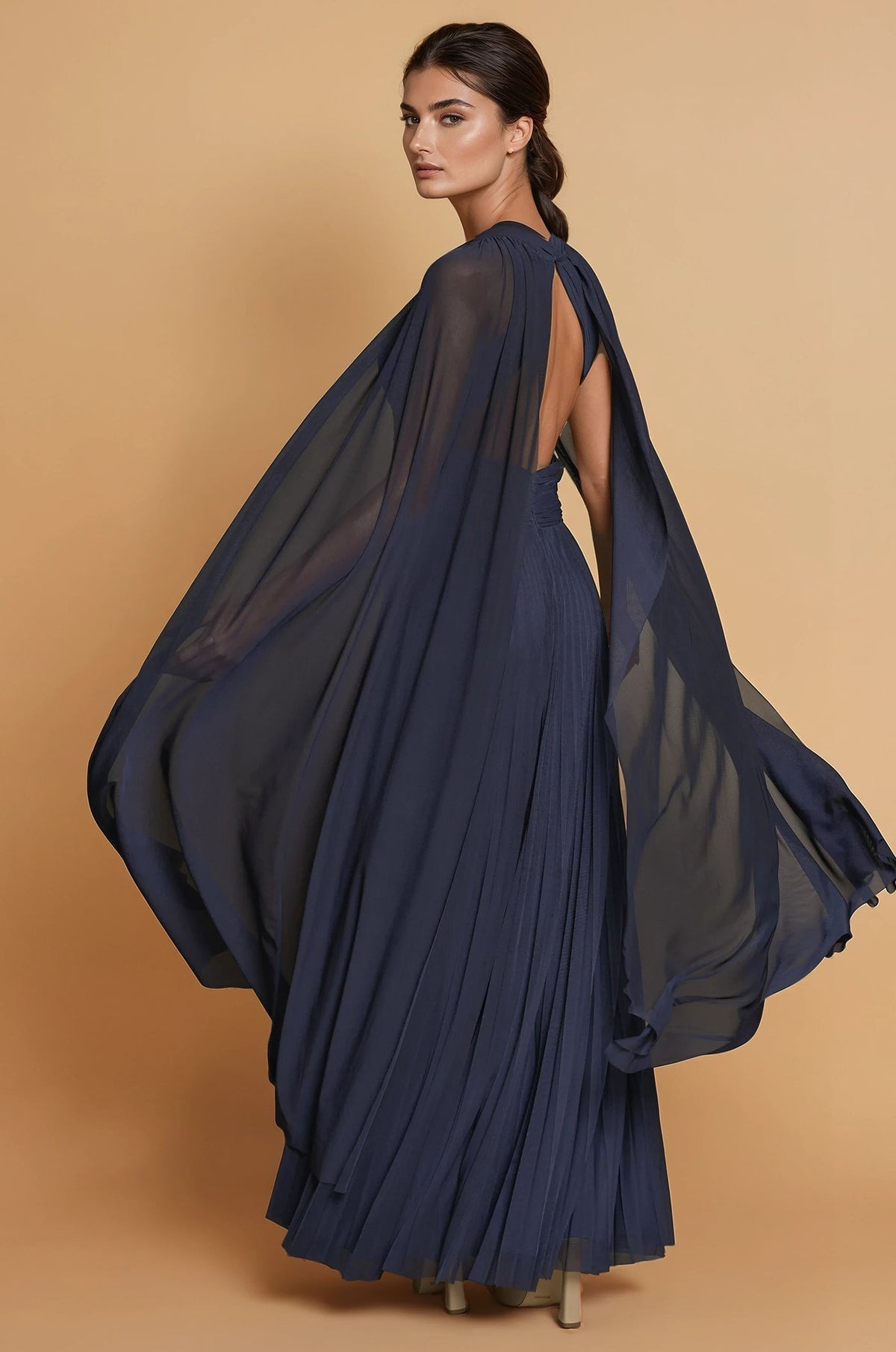 Draped A Line Long Formal High Neck Cape Sleeve Dress