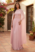 Draped A Line Long Formal High Neck Cape Sleeve Dress