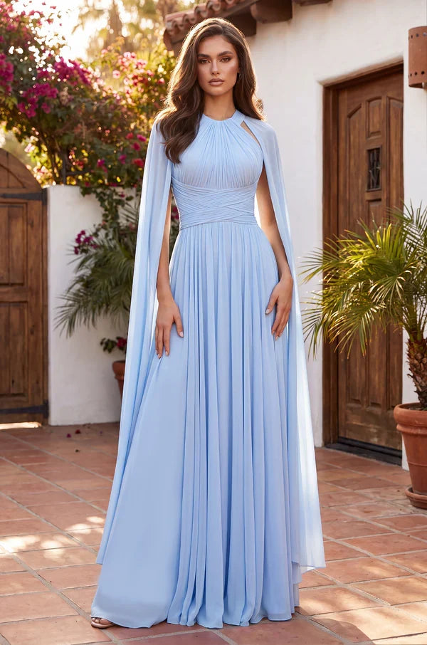 Draped A Line Long Formal High Neck Cape Sleeve Dress