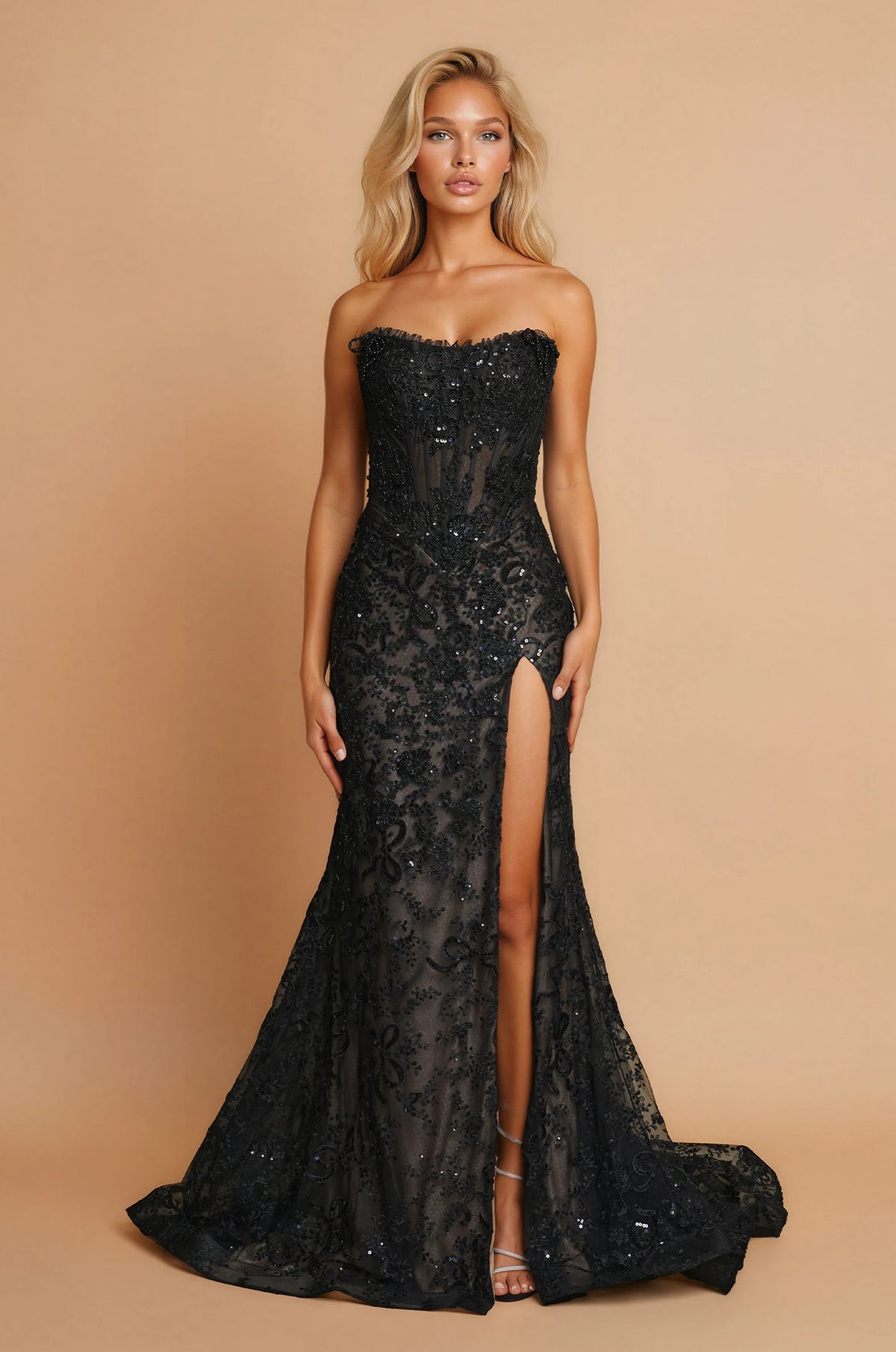 Floor Length Beaded Lace Fitted Formal Dress