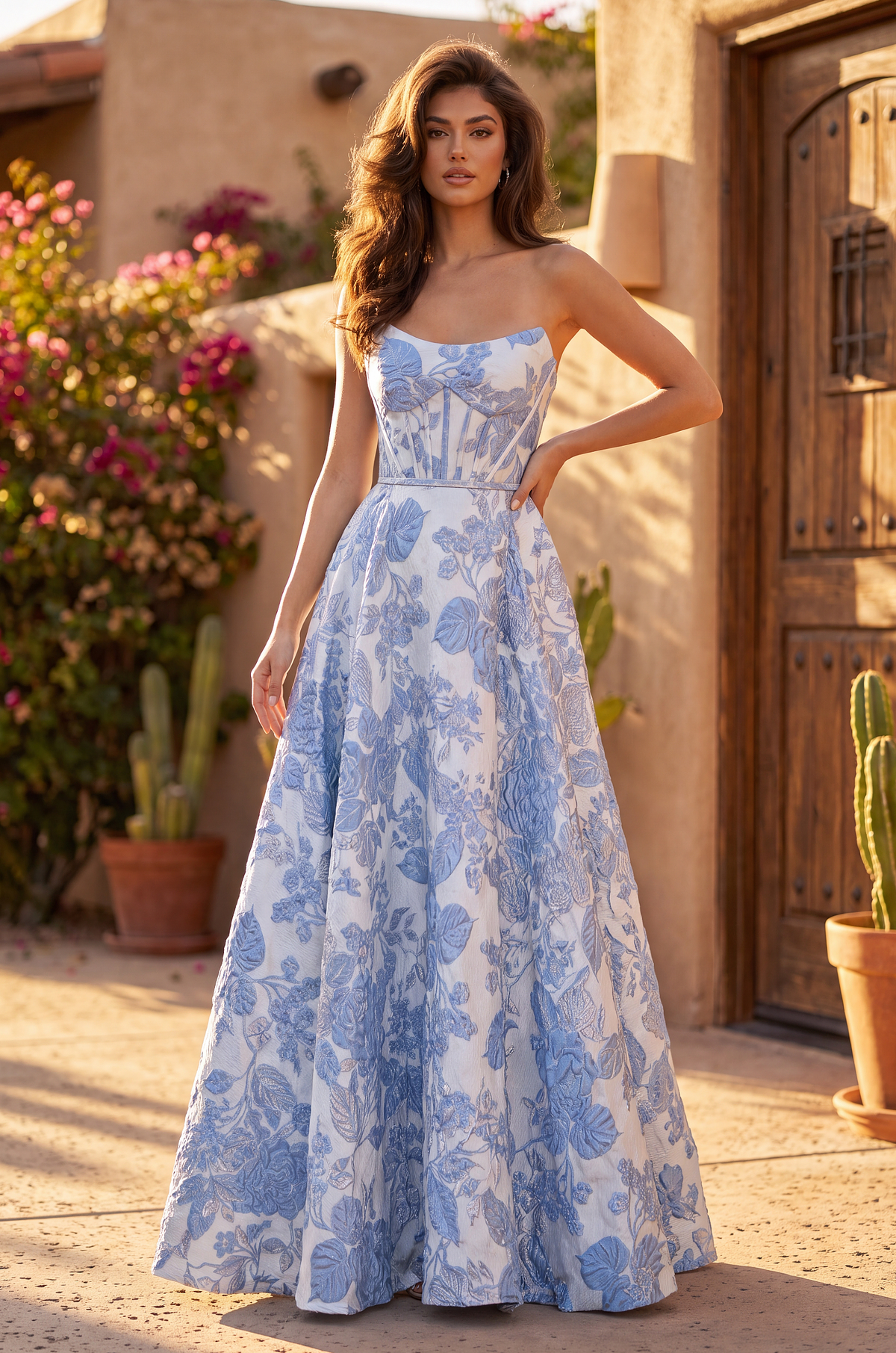 Floral Jacquard Long Prom Dress Strapless Ball Gown