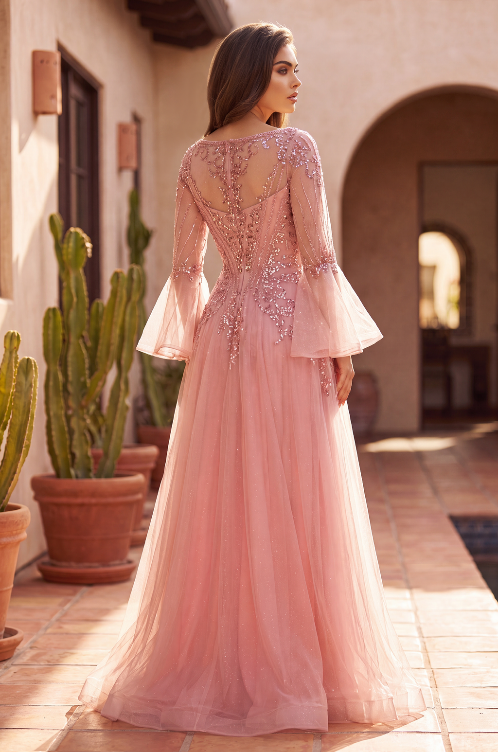 Mother of the Bride Long Bell Sleeve Lace Gown