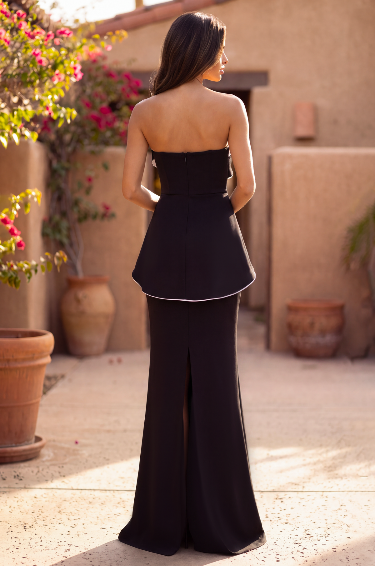 Fitted Crepe Peplum Formal Evening Dress