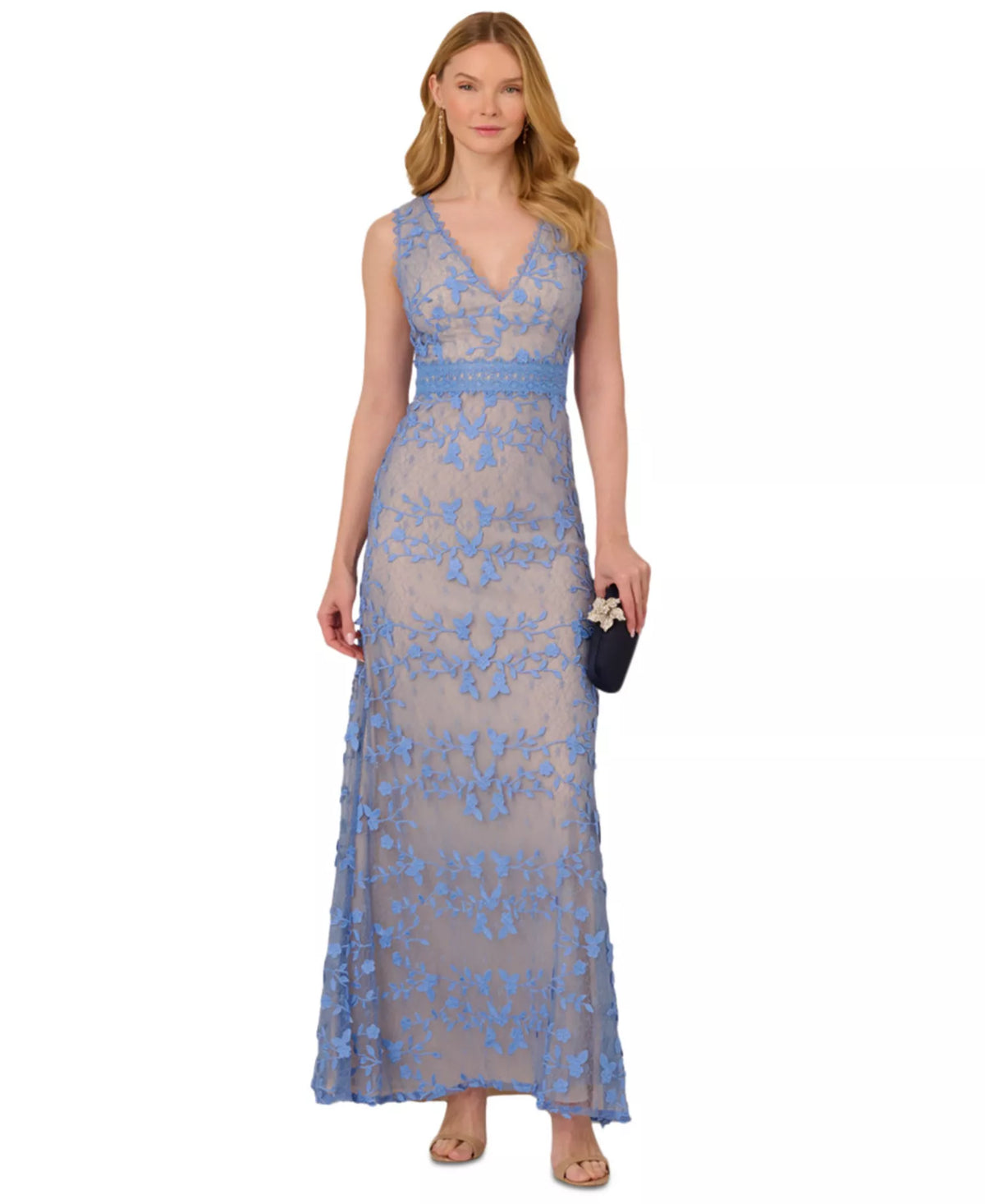 V-Neck Floor-Length Lace Formal Sheath Dress Applique Detail Adrianna Papell AP1E211880