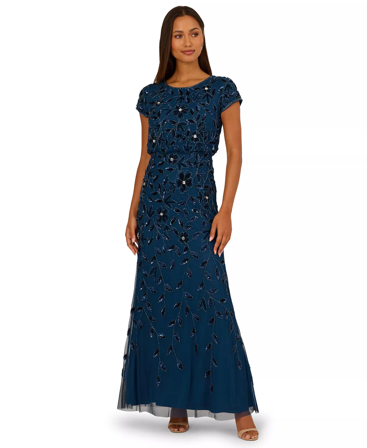 Bateau Floor-Length Mesh Formal A-Line Gown Beaded Floral Adrianna Papell AP1E211724