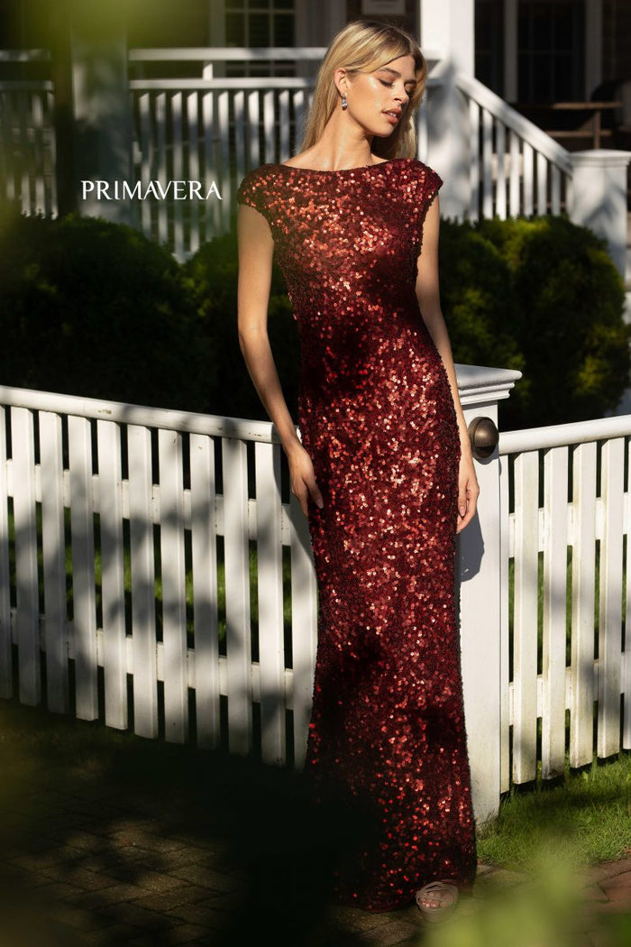 Bateau Floor-Length Sequin Gown Cowl Back Primavera 3796 Wholesale