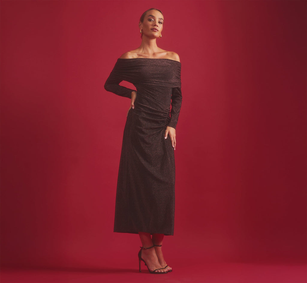 Plus Size Off-the-Shoulder Metallic Knit Midi Dress Adrianna Papell ADAE212524